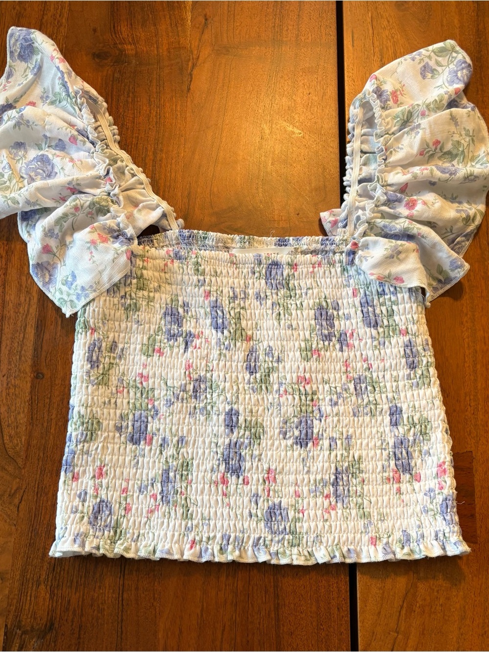 Altar'd State White Smocked Floral Crop Top with blue and Pink Accents